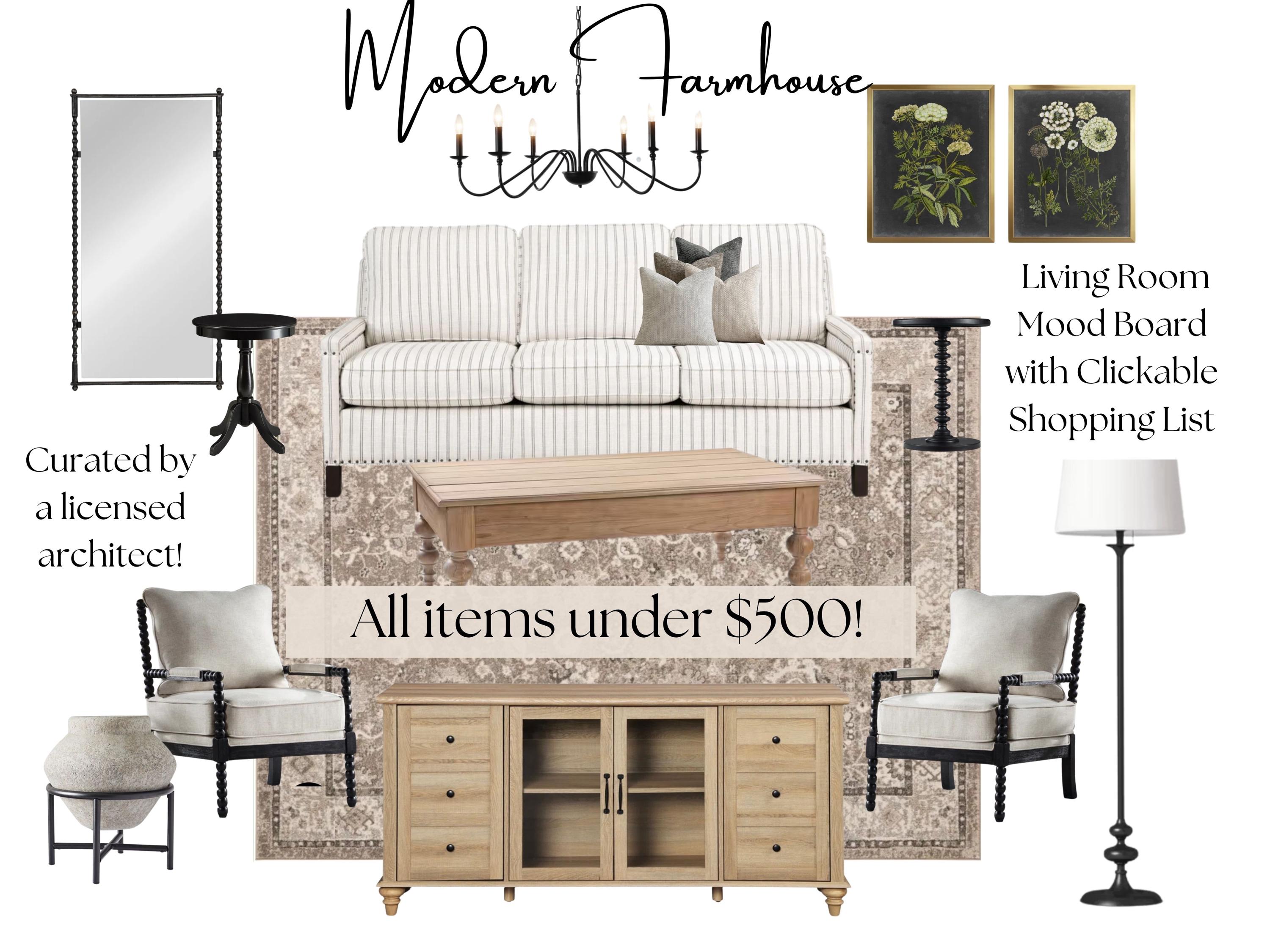 Modern farmhouse living room mood board flat lay showing a striped sofa, patterned rug, wood coffee table, and accent chairs — all items under $500